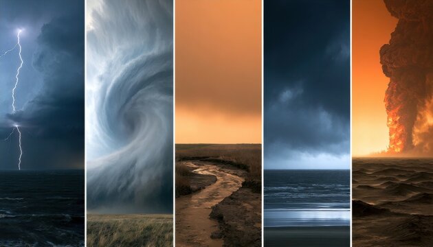 Collage of five vertical images showing weather and natural phenomena over ocean and landscape