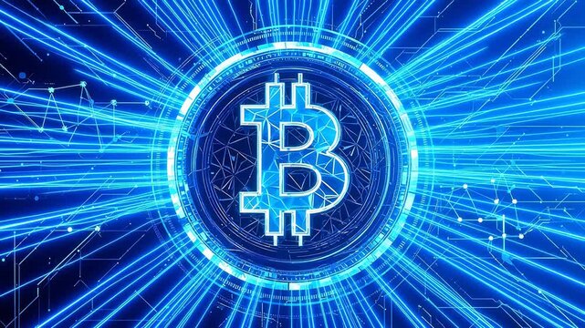 Futuristic Bitcoin Cryptocurrency Animation with Glowing Blue Circuit Network and Holographic Coin