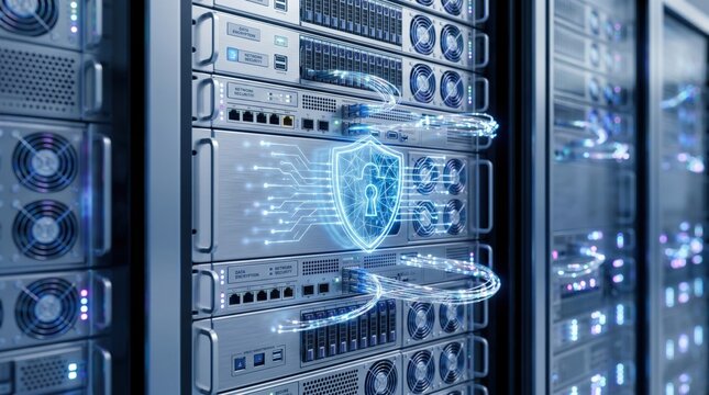 Digital illustration of cybersecurity protection with a shield icon over server racks in a data center representing network safety.
