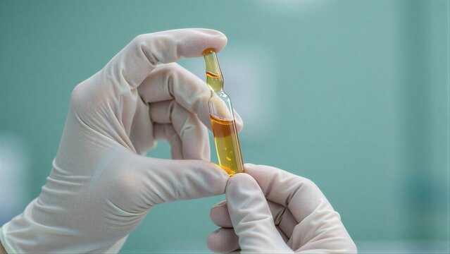 Gloved hands hold an ampoule with amber liquid, suggesting medical or lab use.