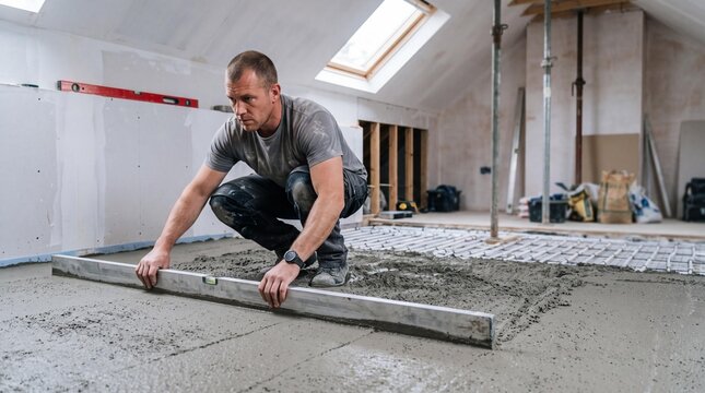 Builder leveling wet concrete floor screed with a straight edge tool.