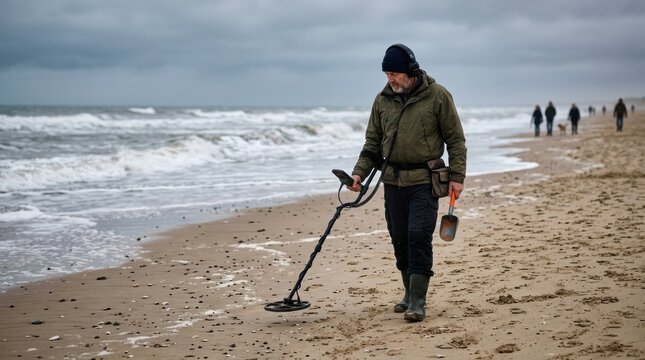 A person using a metal detector on a sandy beach, headphones on, sweeping slowly. The detector beeps silently. The ocean is behind, sky overcast. Other beachcombers are blurred in the distance.