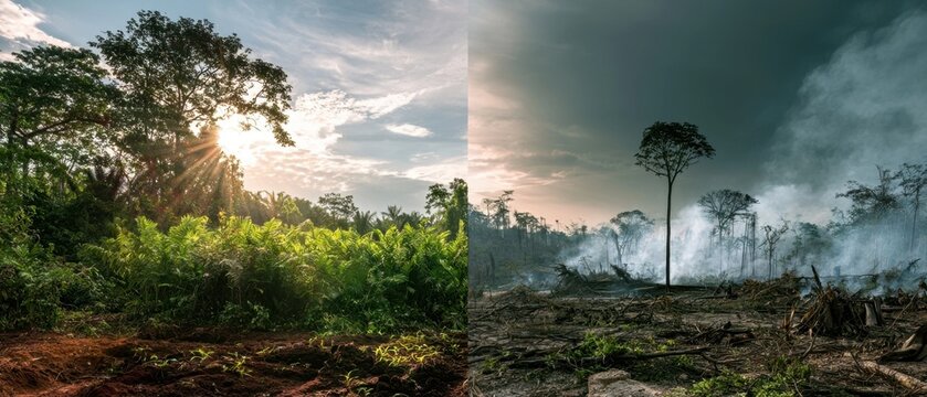 Split screen showing lush green forest on left and burnt deforested land with smoke on right