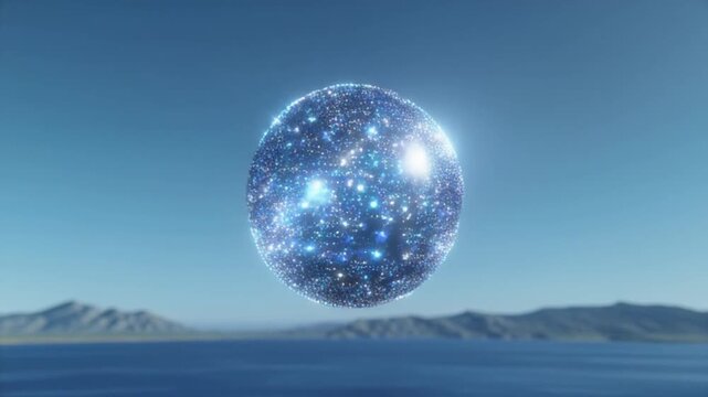 Glowing Celestial Sphere Floating Above Serene Mountain Lake Landscape
