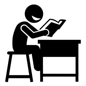 Hombre leyendo un libro en un escritorio de perfil en estilo pictograma minimalista