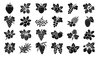 High quality berry fruit silhouette vector pack with botanical forest berries grape clusters and commercial food icons isolated on white background,  © MdShojib