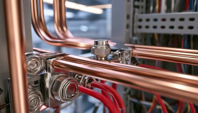 Copper busbars and red cables in an electrical panel with steel hardware