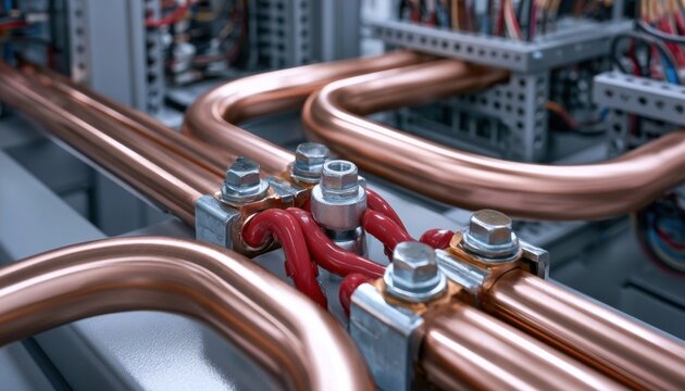 Copper busbars with industrial wiring and metal connectors in an electrical panel