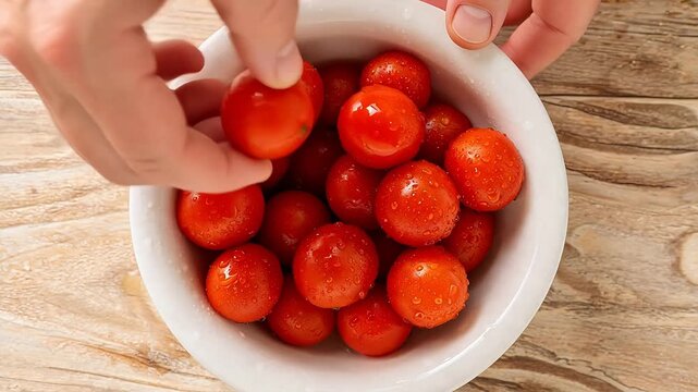 Washing fresh cherry tomatoes in a white bowl on wooden surface, overhead view