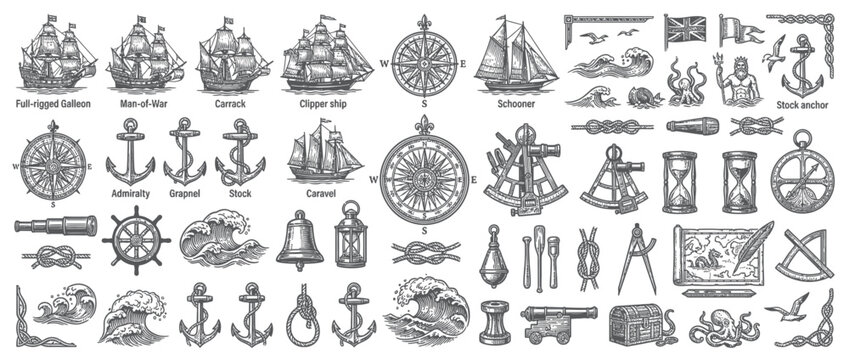Vintage Nautical Symbols and Ships Sketch Collection
