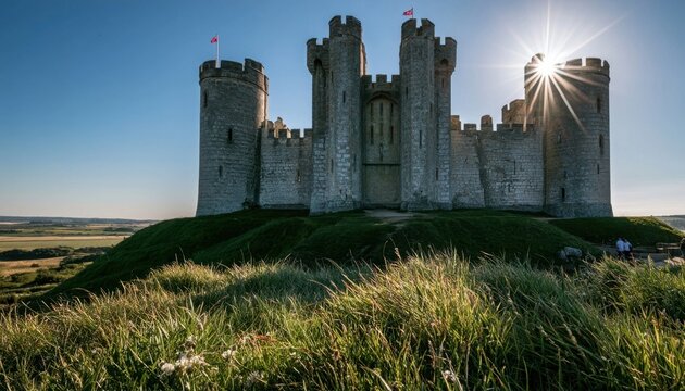 Strong medieval castle built of light grey stone standing on grassy hill with sunburst