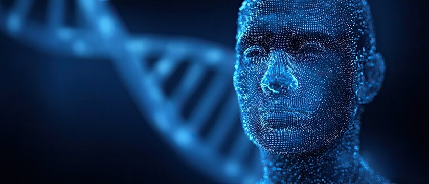 Blue particle wireframe virtual human face with DNA helix, genetic artificial intelligence biometrics, wide backdrop for digital medical life science research