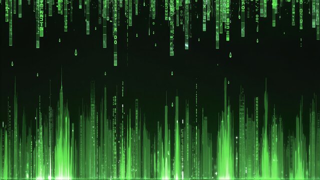 Green digital code rainfalls, futuristic cityscape pulses with data streams.