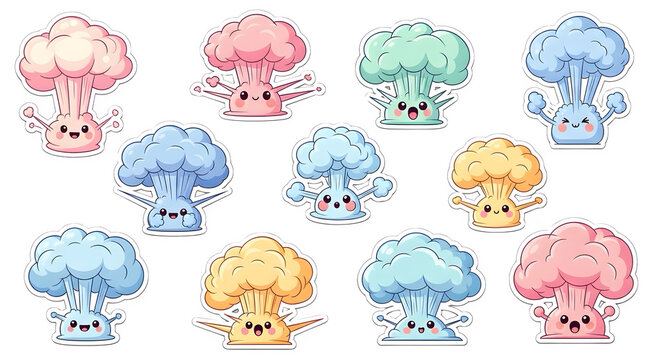 Set of cute cartoon mushroom cloud stickers in pastel colors for vector design
