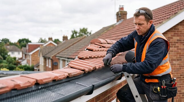 Professional roofer installing mesh leaf guard on residential roof gutter.