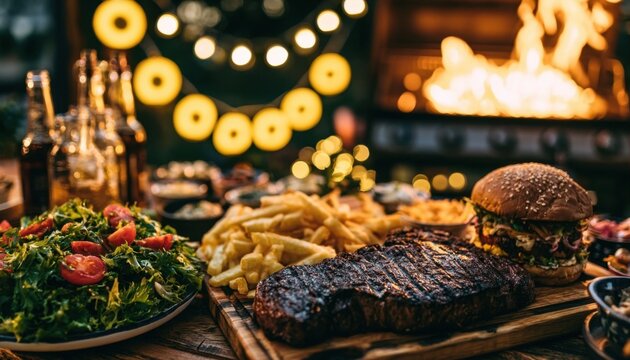 Delicious barbecue spread on a wooden table with grilled meats, crispy fries, fresh salad, and a burger, under warm string lights at an outdoor evening gathering