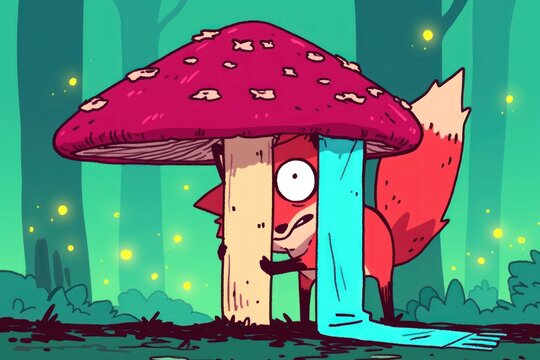 Soggy fox hides under mushroom in enchanted forest at night; whimsical illustration