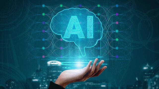 Futuristic Concept of Artificial Intelligence with Digital Brain and Hand Holding AI Symbol against Urban Skyline Background Sigmoid