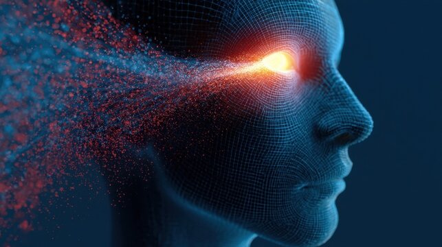 Digital portrait of a human face with glowing orange eyes and dissolving pixel effect