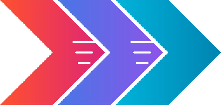 Minimalist three step overlapping chevron process flow diagram featuring gradient colors of red purple and blue for business presentation slides