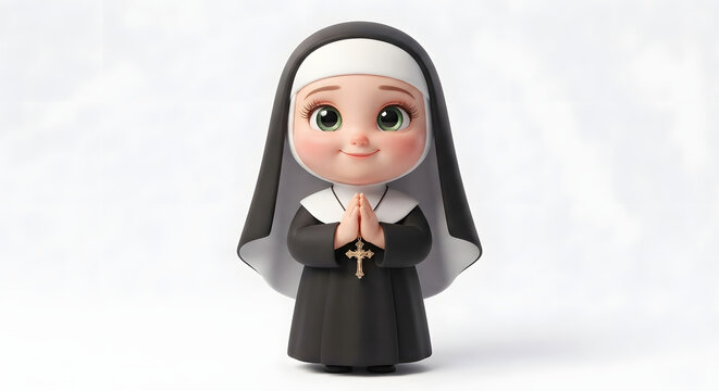 Adorable chibi nun mascot in black habit praying peacefully with folded hands, 3D rendering