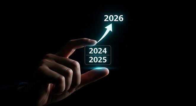 A human hand holding a glowing digital interface showing the years 2024 and 2025 with an upward arrow pointing towards the year 2026