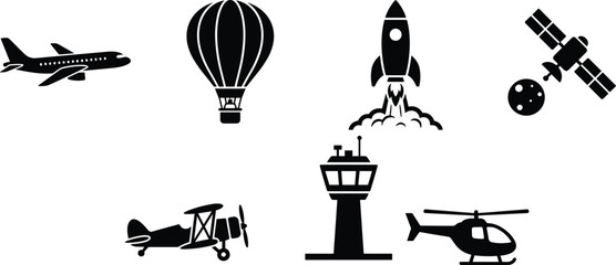 Set of Black Aviation, Aerospace, and Air Transportation Icons for Travel and Technology Design Projects © MDMORSALIN