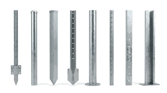 Galvanized steel sign posts and mounting hardware set, industrial metal traffic pole collection, durable zinc coated steel pillars for road signage