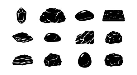Black Stone Icons, Rock Vector Set, Mineral Collection, Geology Elements © Dolon