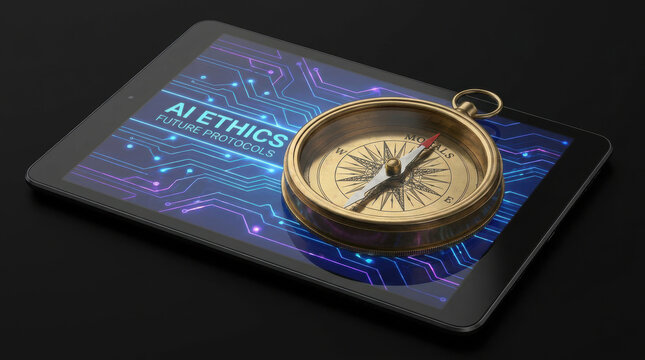 AI ethics regulation future protocols concept with compass on digital tablet screen showing technology and guidance for responsible innovation