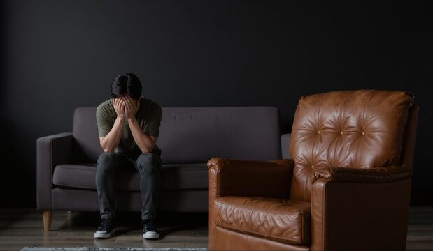 Man covering face with hands, sitting on a sofa in a dark room