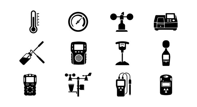 Weather Measurement Icons: Thermometer, Anemometer, Barometer, Meter Set