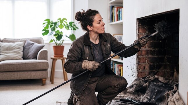 Female chimney sweep cleaning a brick fireplace with a brush in a living room.