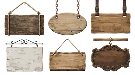Vintage wooden signs collection, rustic hanging timber planks with rope and chain, 6 blank wood billboards for shop signage and cafe menus © K studio