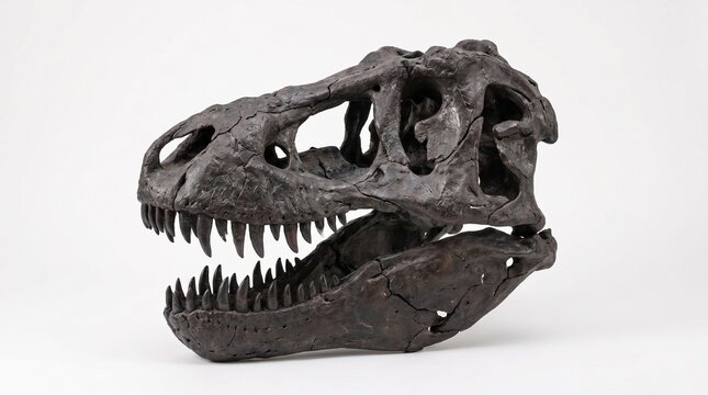 Detailed view of a dark fossilized dinosaur skull with sharp teeth against a plain white background, showcasing ancient anatomy.