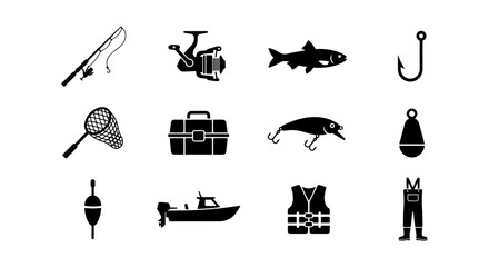Fishing Icons Set: Rod, Reel, Fish, Hook, Net, Tackle Box, Lure, Bobber, Boat, Vest, Overalls © lima