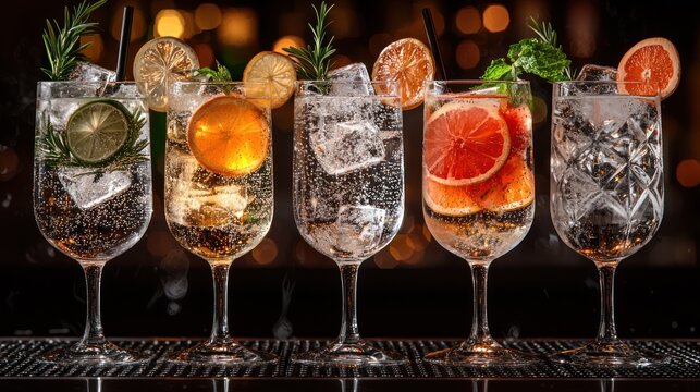 Five citrus cocktails, bar setting, bokeh background, drinks menu