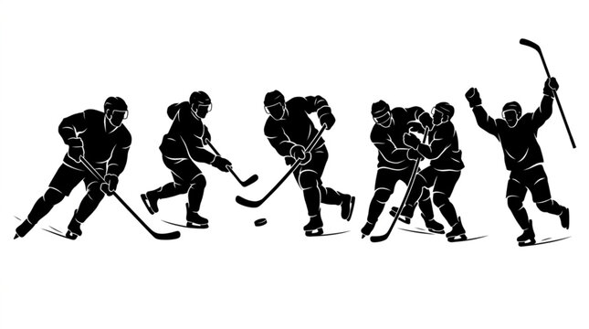 Ice Hockey Player Silhouette Action and Pose Set