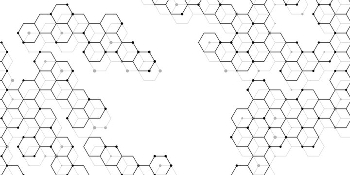 Clean white background vector with black hexagon network clusters and wide open central layout space