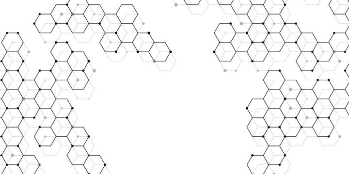 Black hexagonal network pattern with four corner node clusters and open central channel on white