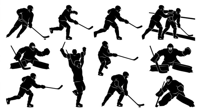 Dynamic Ice Hockey Player Action Silhouettes Set