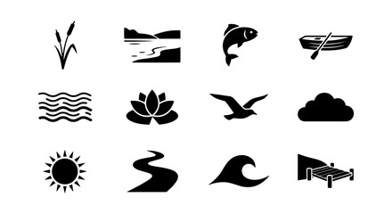 Obraz premium Nature Icons Set: Water, Wildlife, Landscape, Weather Elements Vector Graphics