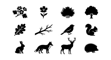 Obraz premium Black Silhouette Woodland Creatures and Nature Elements Vector Icons Set