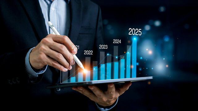 Business growth 2025 forecast chart, businessman analyzing financial data on digital tablet, corporate success and economic progress graph