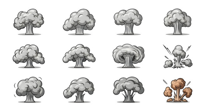Set of vector cartoon mushroom clouds and explosions with gray smoke and fire elements