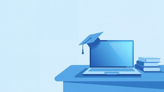 Online Education Concept with Laptop Graduation Cap and Books on Blue Background