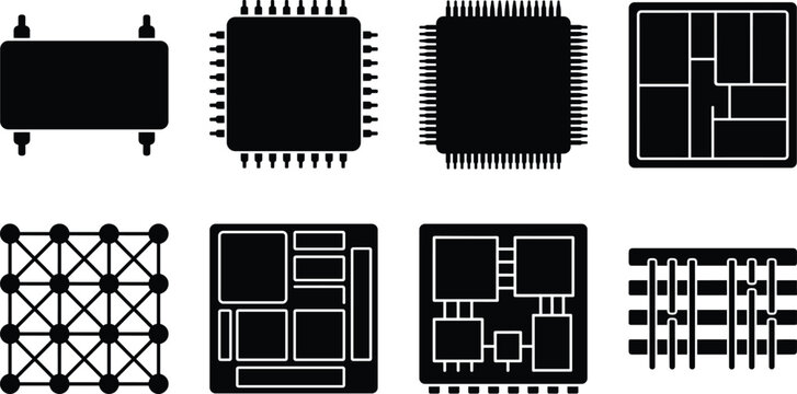 Collection of microchip, processor, and circuit layout icons for modern semiconductor and hardware technology concepts