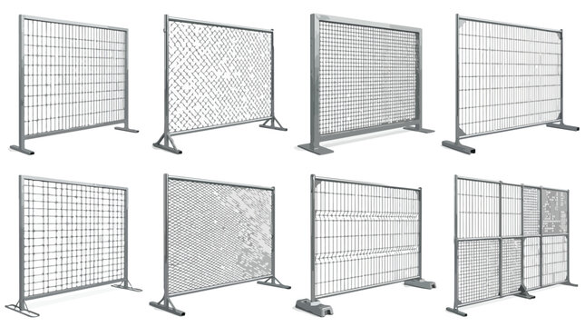 Industrial temporary construction fence set, mobile metal security barriers for site protection, 8 portable wire mesh fencing vector illustrations