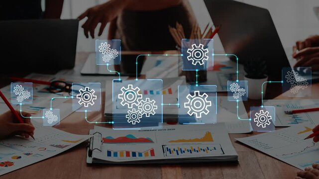 Collaborative Business Meeting with Digital Workflow and Gear Icons, Efficiency, Strategy Planning, Teamwork, and Data Analysis in Modern Office Environment. Entropy.