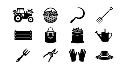 Farm Icons Set: Tractor, Basket, Sickle, Pitchfork, Crate, Bag, Watering Can, Hat, Gloves, Pruners © Taskin
